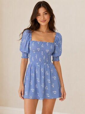 Reformation | Elle Verona Blue Smocked Mini Dress – Verona Blue Floral – Size 8